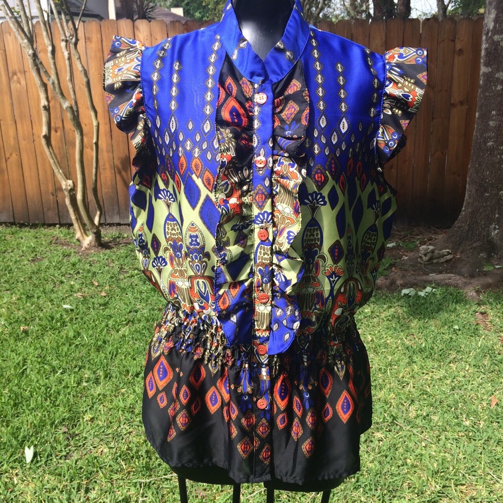 Zoompy Jewel Print Ruffled Front Button Up Blouse